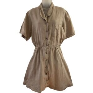 Lands' End Dress Womens 14 Beige 100% Linen Shirt Button Front Made USA Pockets